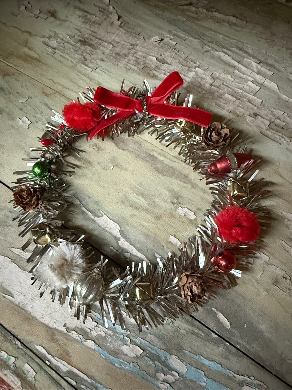 🎄 6” Festive Silver Tinsel Holiday Wreath with Red Bow and Decorative Accents